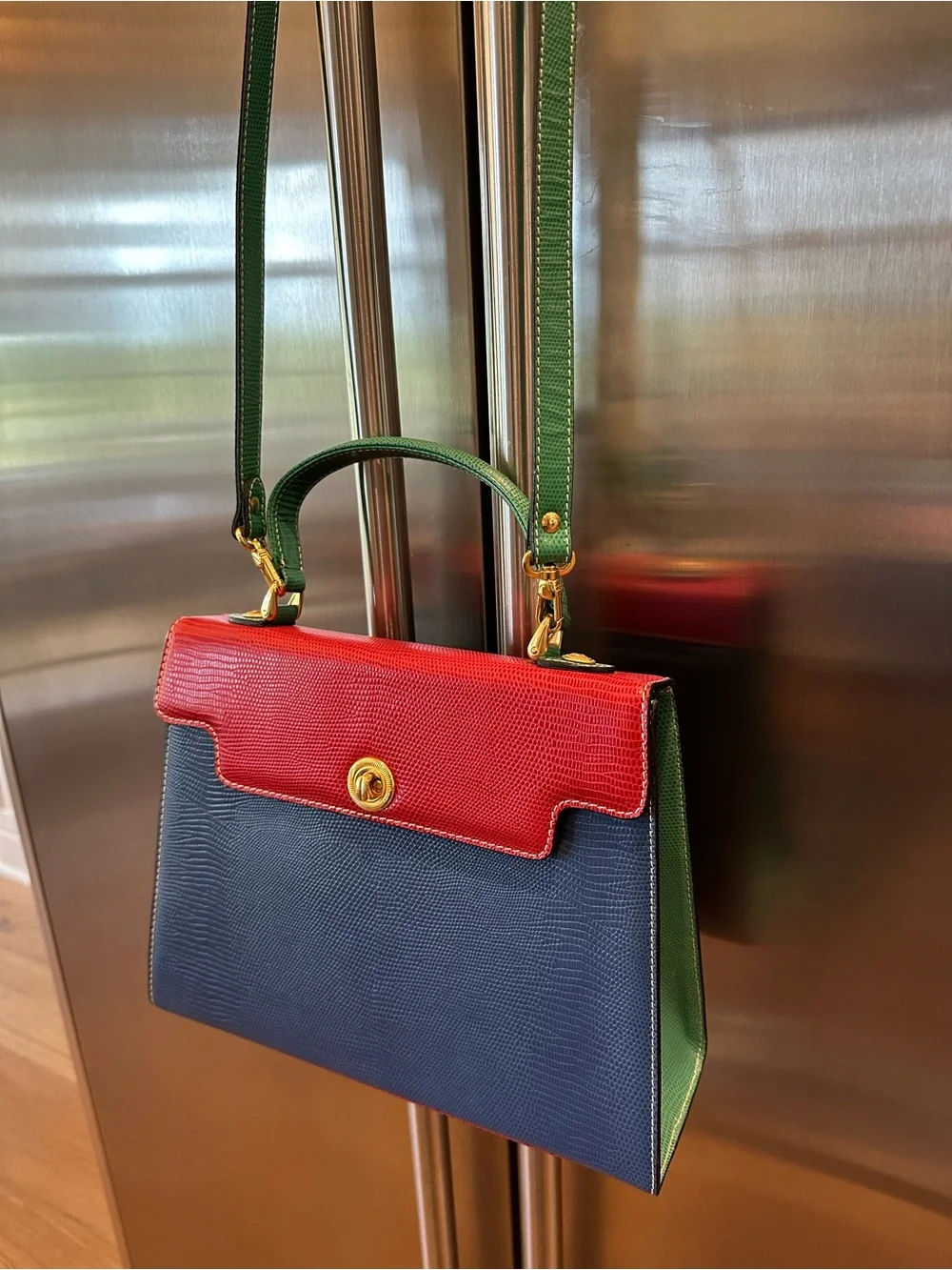 Didier Lamarthe Vintage Structured Leather Satchel in Red, Blue & Green